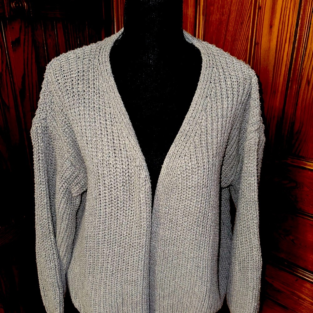 SHEIN Gray Open Front Cardigan with Ribbed Knit